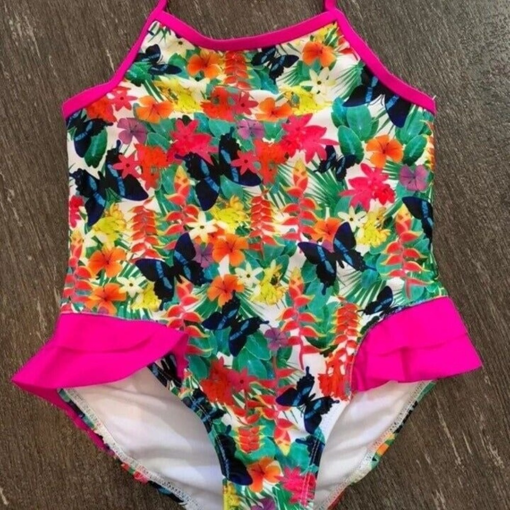 Jessica Simpson Girls Swimsuit NWT Size 4T Butterfly Colorful Ruffle Summer‎